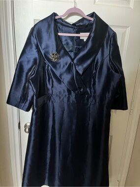 Women's Satin Navy Long-Sleeve Dress with Shawl Collar